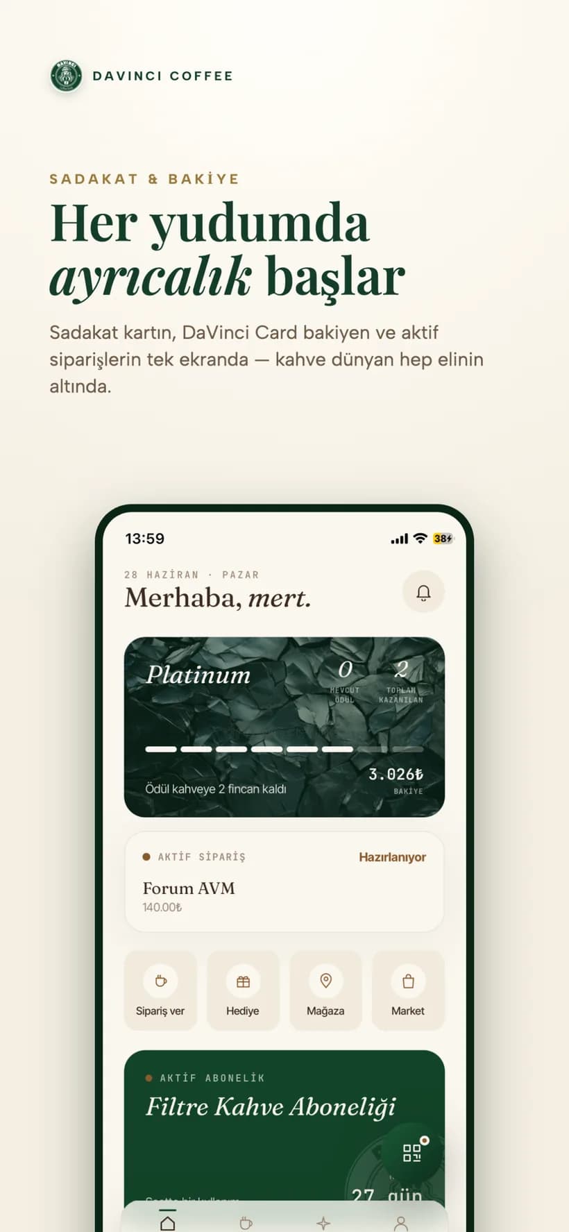 Sadakat kartı ve DaVinci Card bakiyesi ekranı