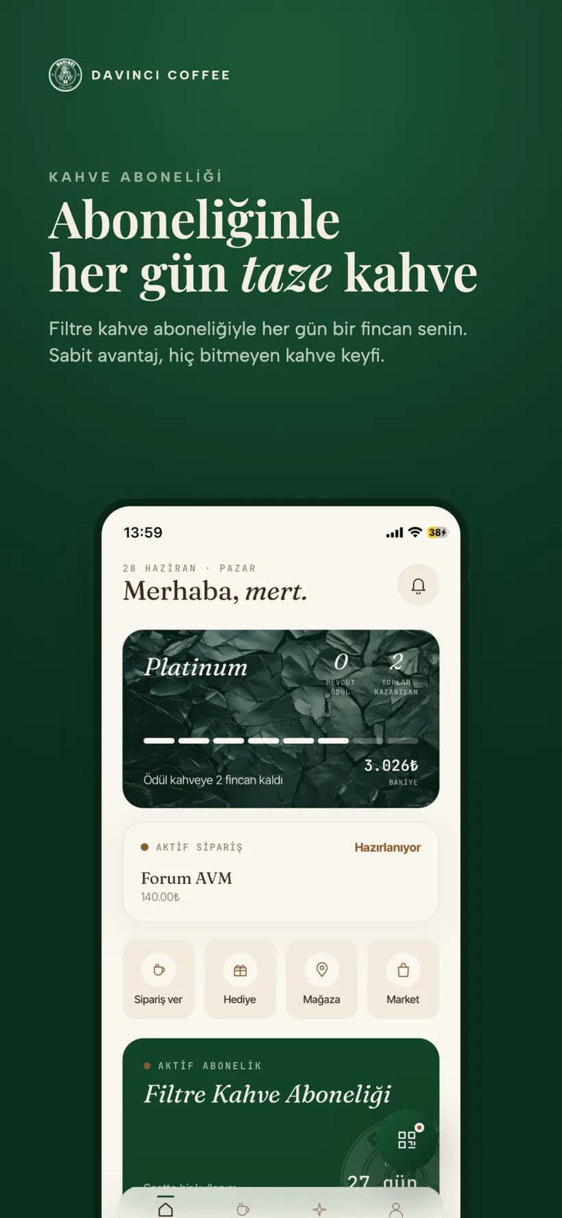 Filtre kahve aboneliği ekranı