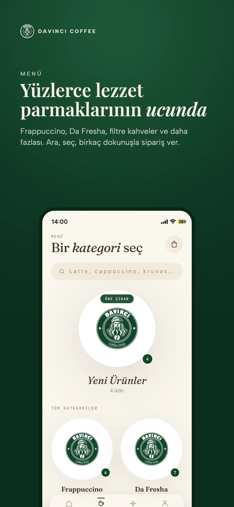 Menü ve kategori seçimi ekranı